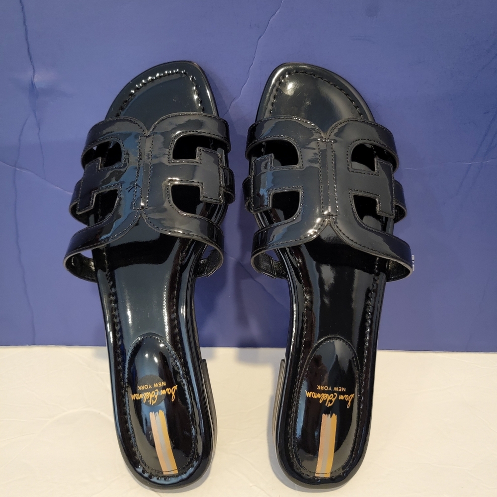 SAM EDELMAN WOMEN Black Patent Leather Bay Slide Sandals